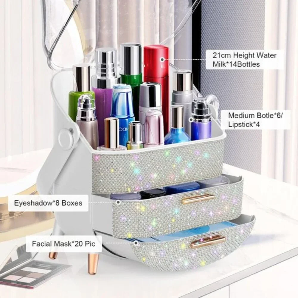 New Rhinestone Makeup Organizer, Skincare & Cosmetic Display Case for Teen Girls